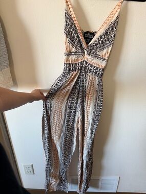 Angie Cream, Black & Peach Printed Twist-Front Jumpsuit